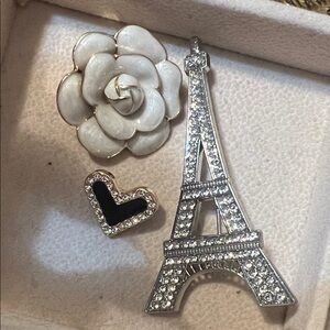 Silver Eiffel Tower and Heart and White Flower Brooch Set